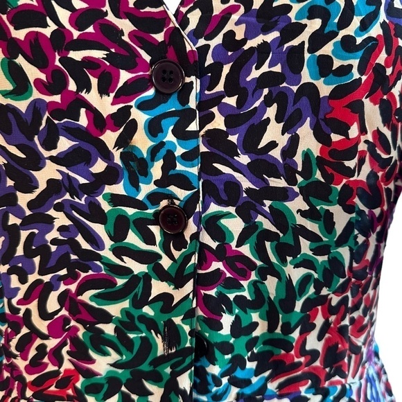 Vintage 100% Silk Long Sleeve Button Front Scribble Abstract Animal Print Dress - Picture 2 of 7